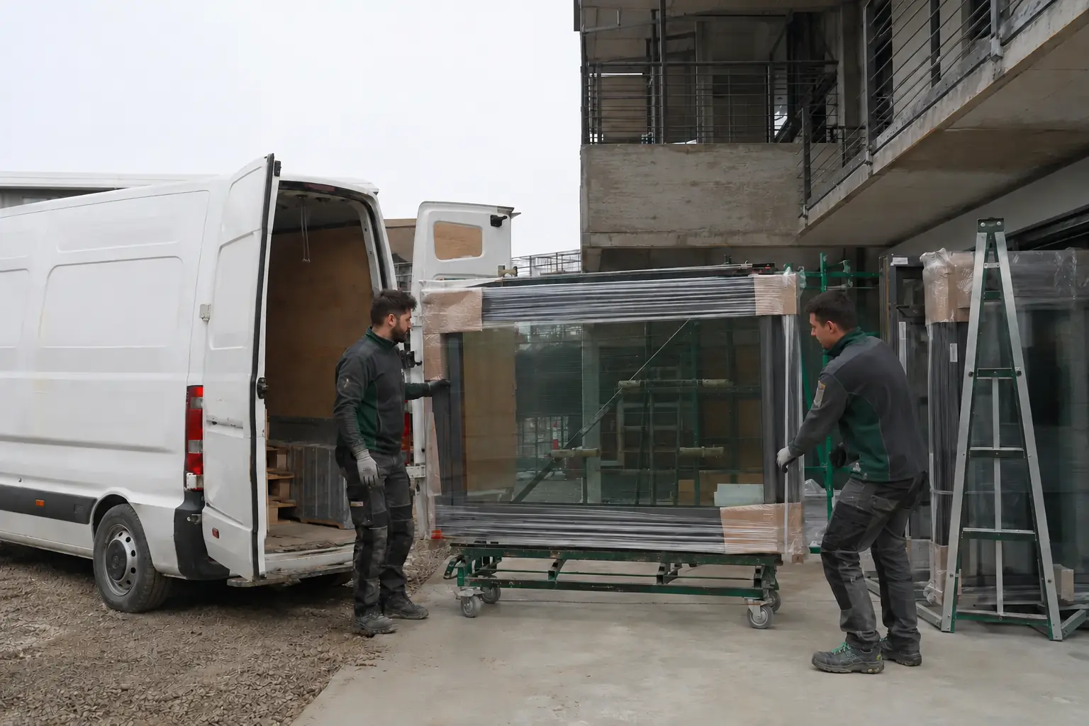 Facchinaggio di infissi su carrello professionale durante lo scarico in cantiere